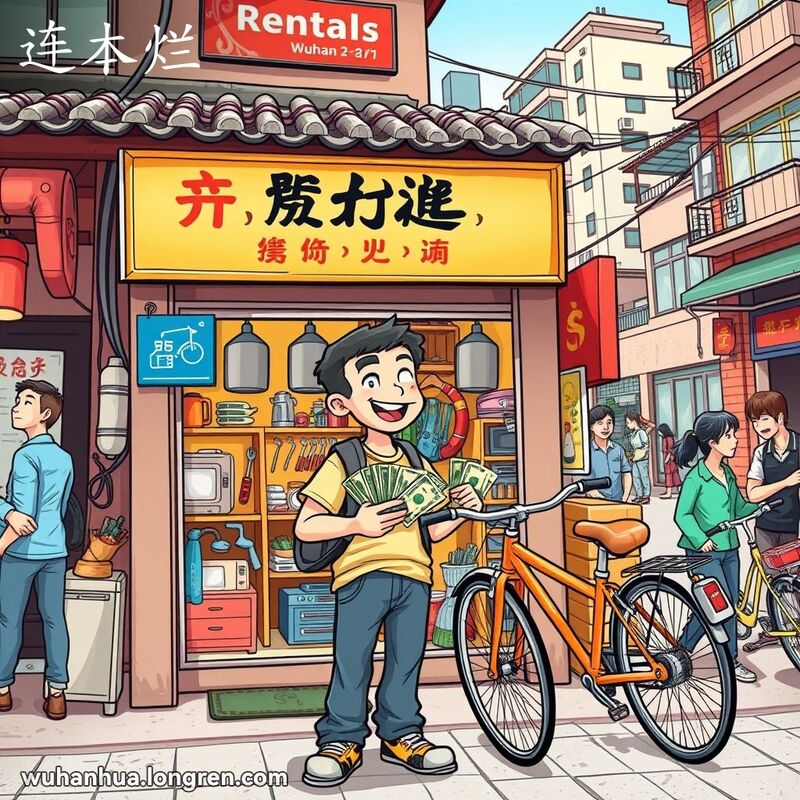一位年轻人在武汉街头的租赁店前，手持现金，满意地看着自行车，背景是繁忙的街景