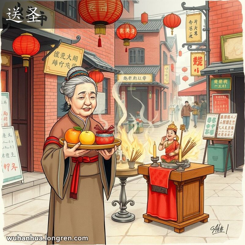 一位武汉老妇人在传统祭坛前进行敬神仪式，背景是武汉老街景