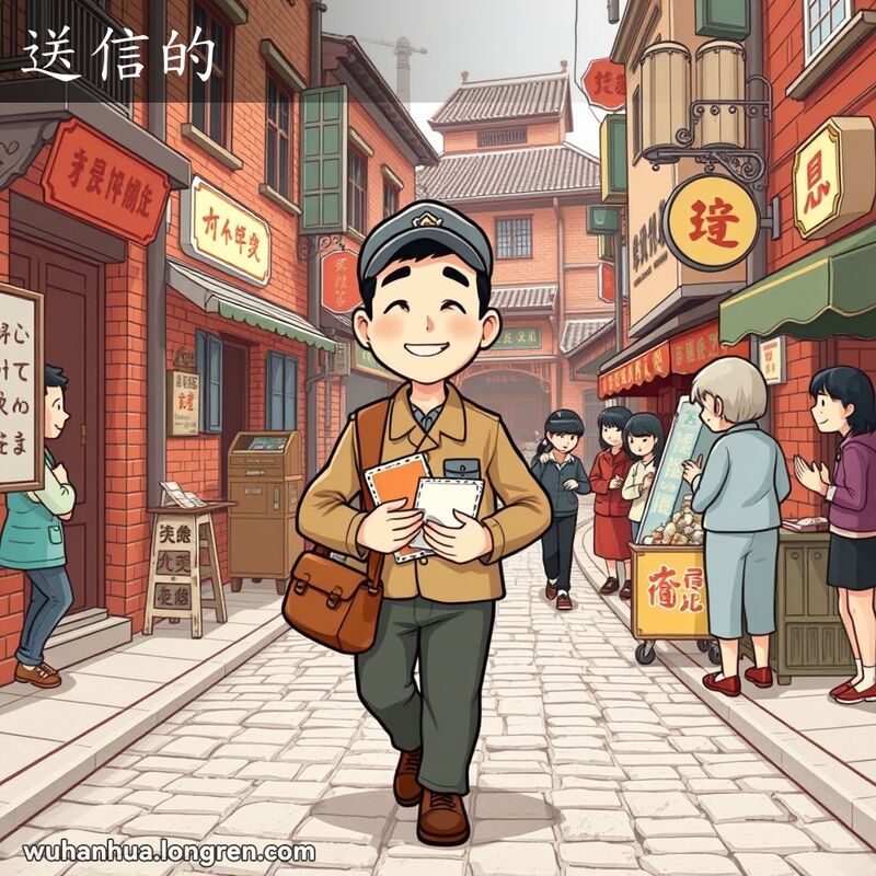 一位友善的邮递员在武汉老街上送信，背景有红砖墙和小摊贩