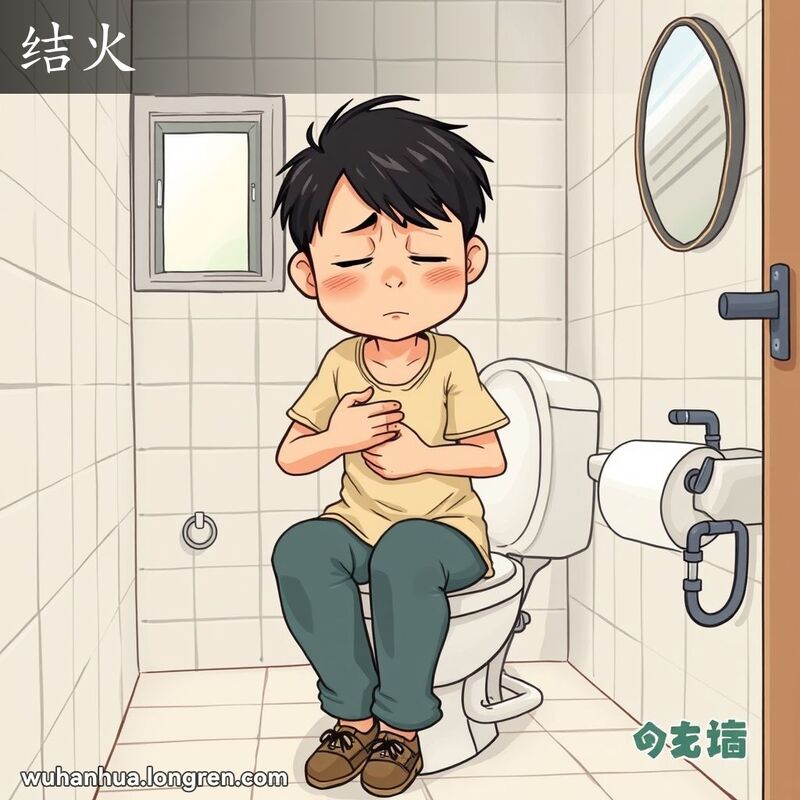 一位武汉市民在老式卫生间里坐在马桶上，表情痛苦且不耐烦，体现“结火”的情景