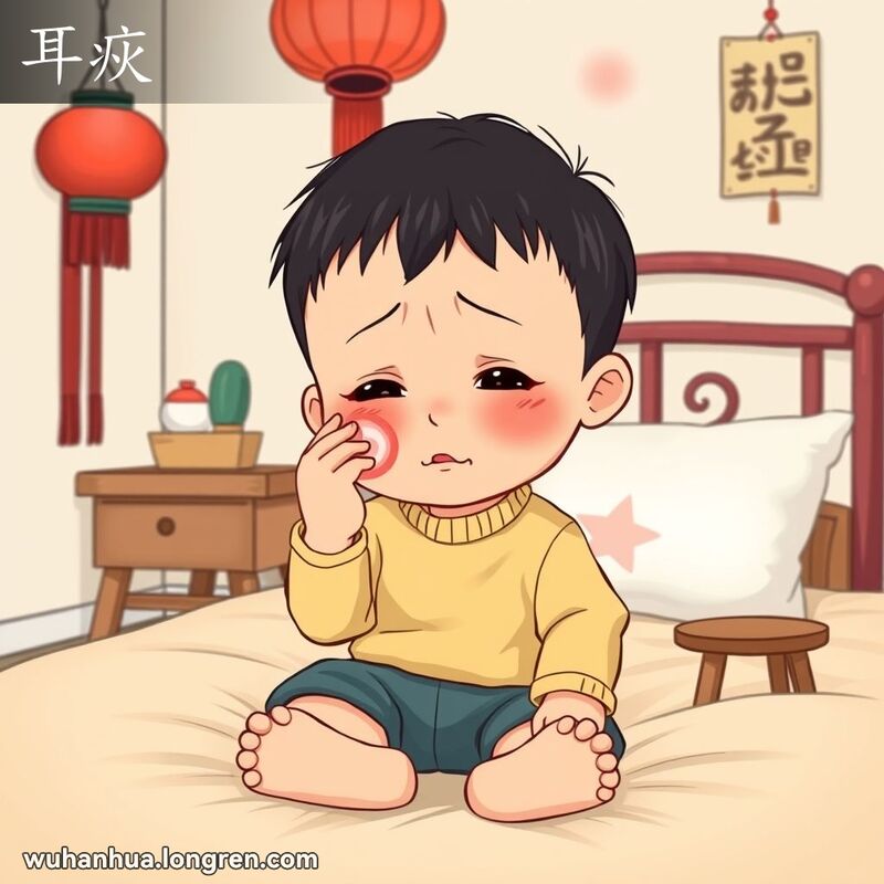 一个小孩坐在床上，捂着肿胀的腮帮子，脸上露出痛苦和困惑的表情，背景是温馨的卧室。