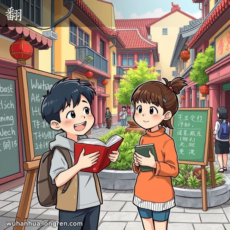 一位武汉学生在街头向朋友解释翻译的概念，手中拿着书，背景是写有英文单词的黑板。