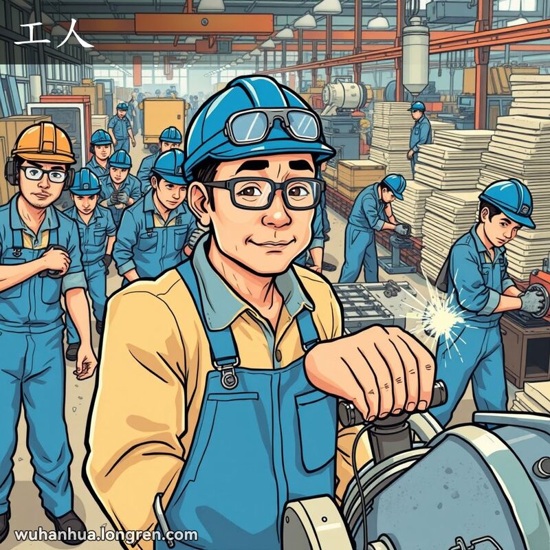 一群工人在工厂车间内努力工作，主要工人专注地操作机器，背景中其他工人搬运重物、焊接和组装零件。