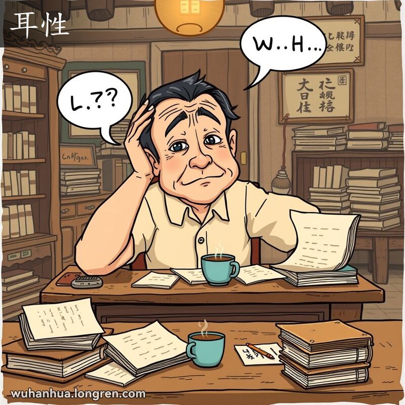 一位中年武汉男子坐在书桌前，挠头露出困惑表情，背景是温馨的老式书房