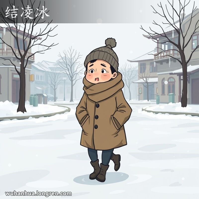 武汉冬季早晨，地面结冰，市民小心翼翼地走在冰面上，背景是老建筑和挂着冰柱的树木