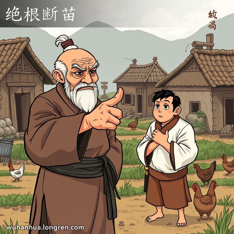 一位武汉老人在农村背景中责备年轻人，表情严厉，背景有老房子和农田