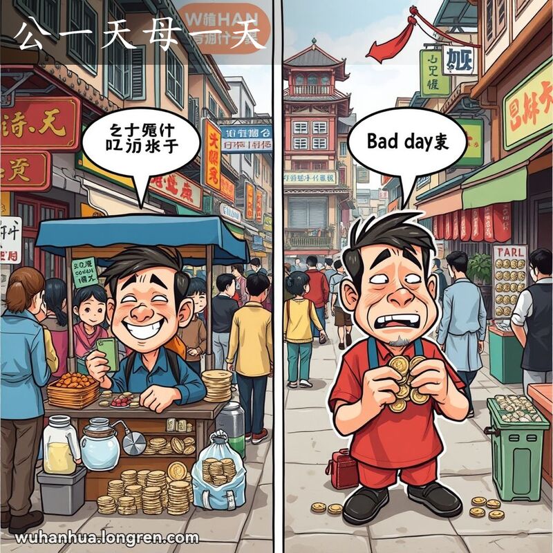 武汉街市小贩在摊位前，脸上表情从喜悦到忧虑，反映生意起伏。