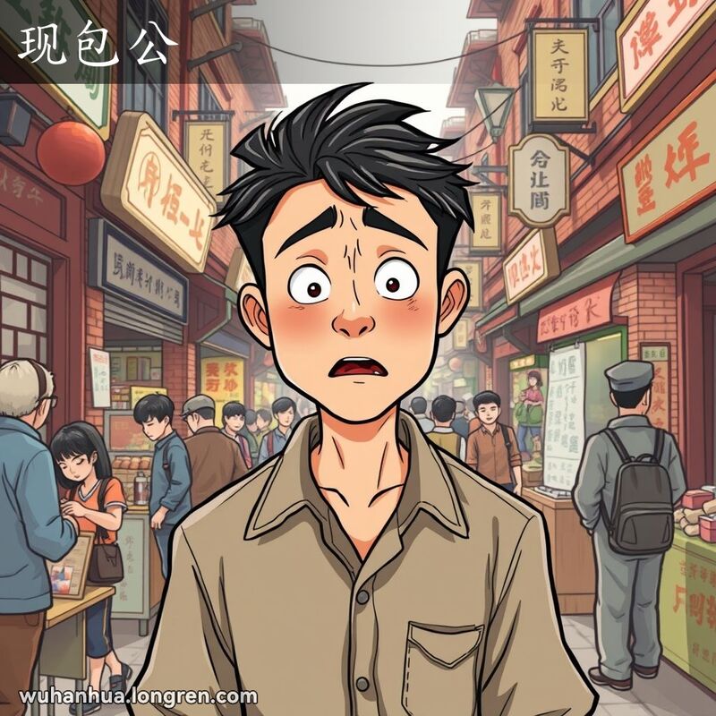 一个男人在武汉老街市场中被揭露真实面目，周围是小贩和行人，背景有红砖墙和旧式招牌