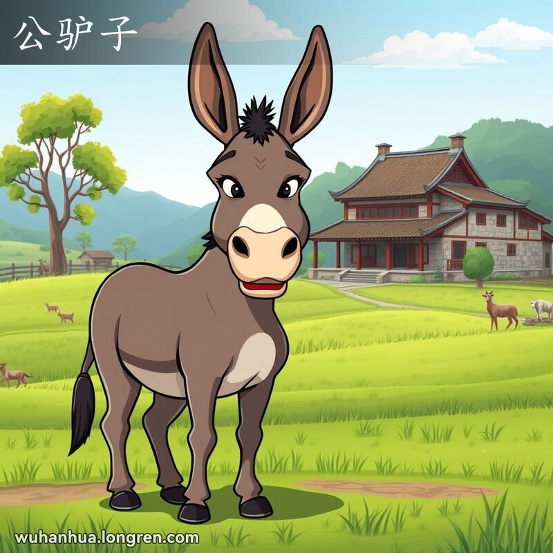 一头健壮的雄性驴子站在武汉乡村田野中，背景是传统农舍和绿色田野
