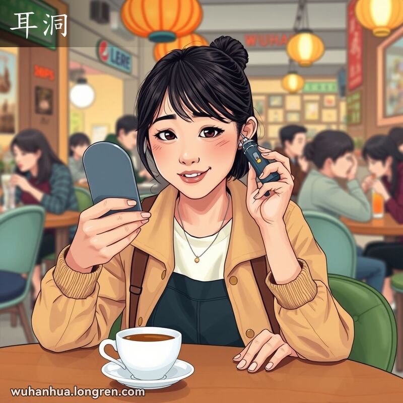 一位武汉年轻女子在咖啡馆里给自己的左耳打耳洞，背景是热闹的咖啡馆。