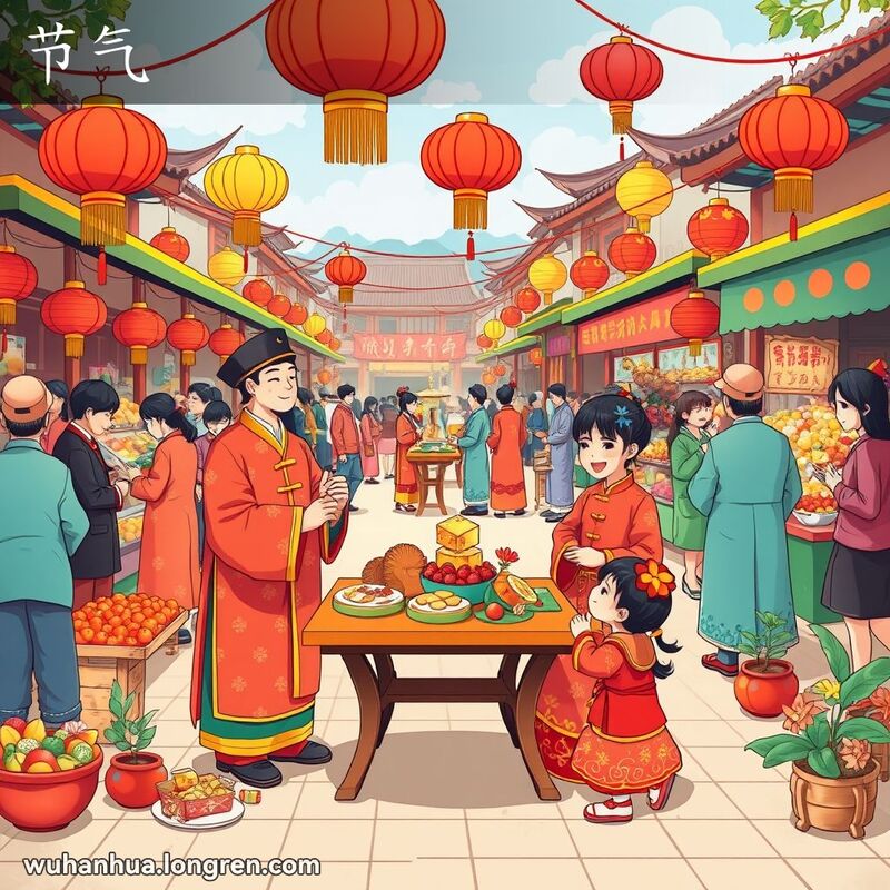 一个传统的中国街市在节日期间的热闹场景，一家人穿着传统服装准备庆祝，背景是繁忙的市场和摊贩。
