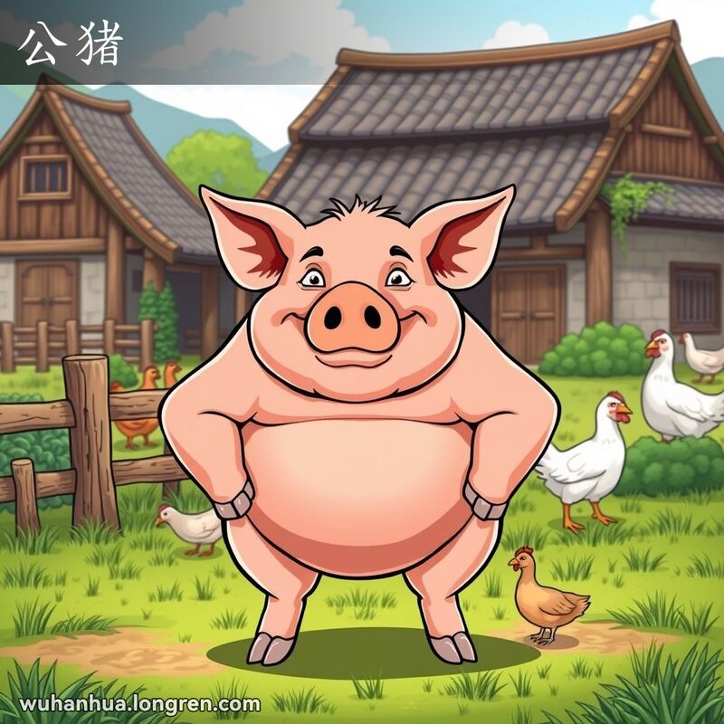 一头健壮的公猪站在农场中央，背景有农舍和田野，周围有其他农场动物。