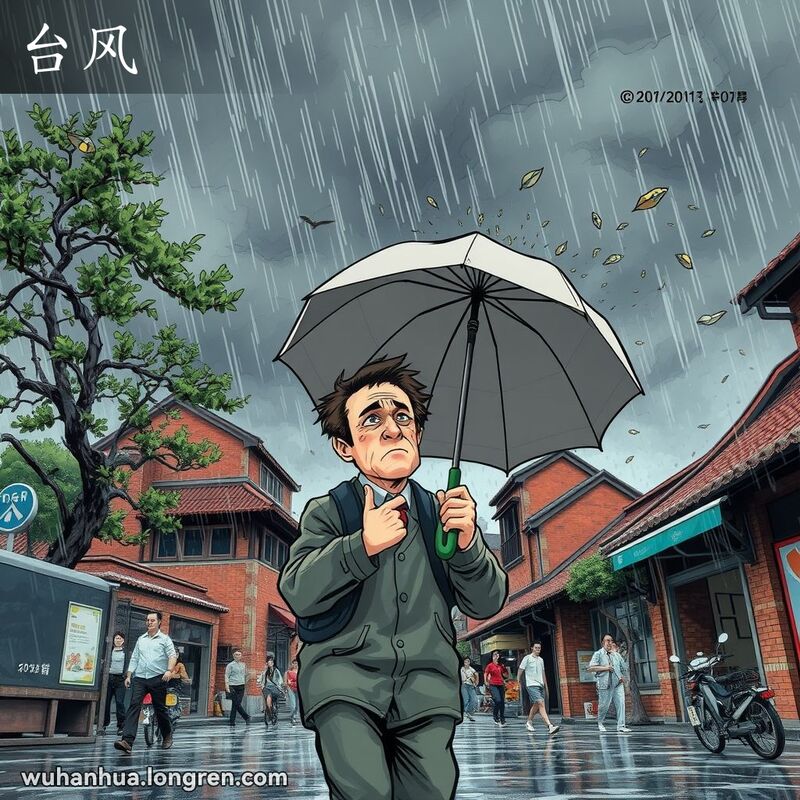 武汉市在台风袭击时的景象，市民撑着被风吹翻的雨伞，背景是传统建筑和暴雨