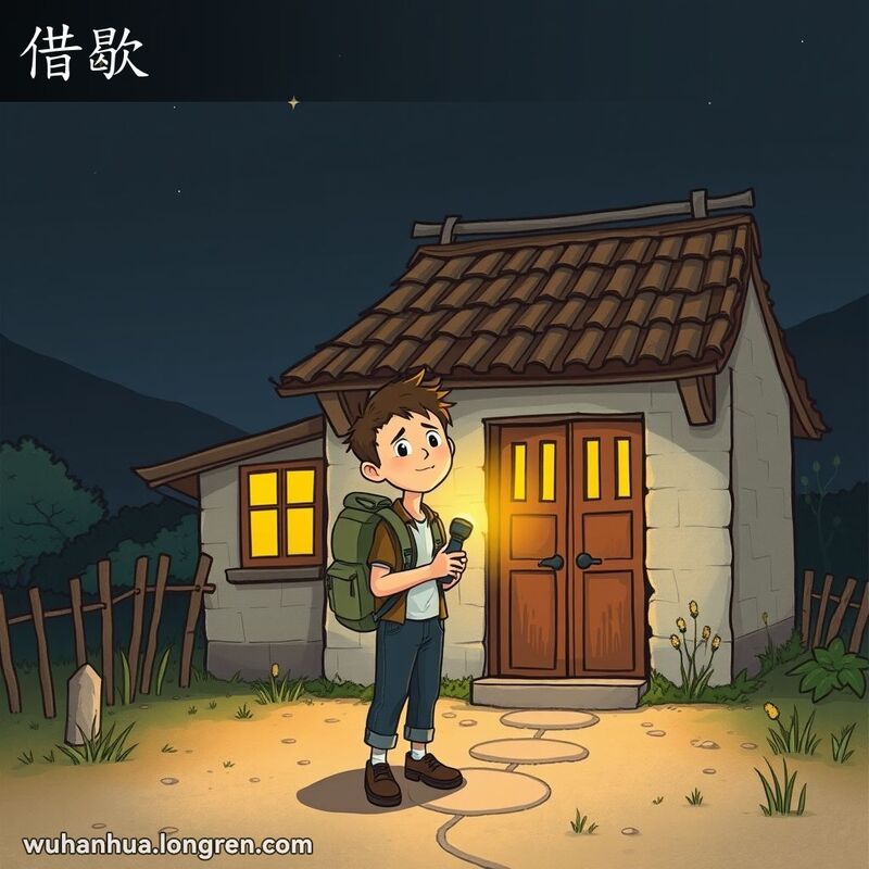 一位疲惫的旅行者在夜晚站在武汉乡村小屋前敲门，背景是星空和树木的剪影
