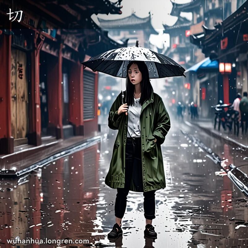 一位武汉女子站在雨中，全身湿透，衣服上滴着水，脸上带着惊讶和略微恼怒的表情，背景是武汉街景