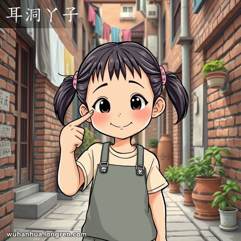 一位小女孩在武汉老巷子里指着自己的耳朵根部，背景有红砖墙和晾晒的衣物