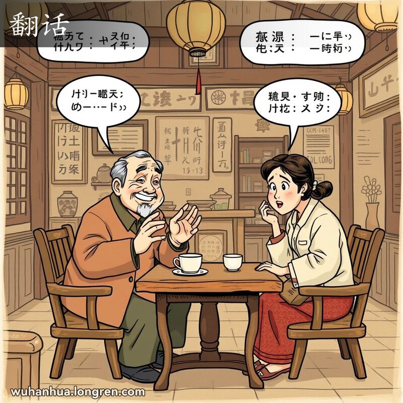 两位武汉老人在茶馆交谈，解释“翻话”隐语的用法，背景是武汉老茶馆