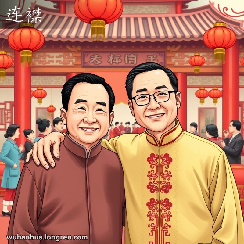 两位男子在婚礼场景中互相搭肩，展现“连襟”的亲密关系，背景是热闹的中式婚礼