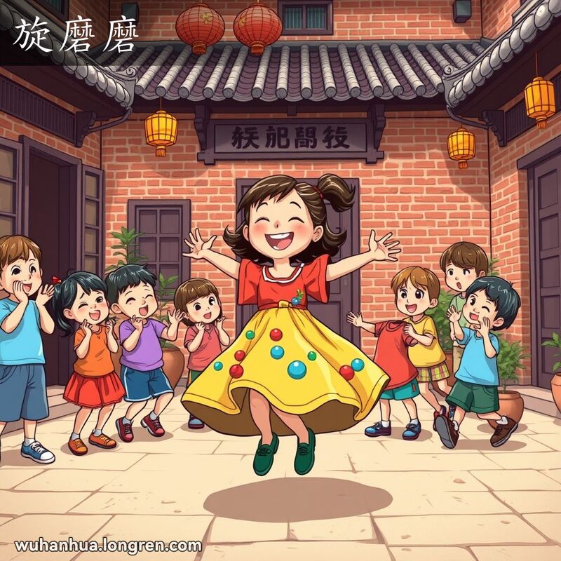 一群孩子在武汉传统院落里玩耍，一个小女孩在原地旋转，其他孩子围观并鼓掌欢呼。