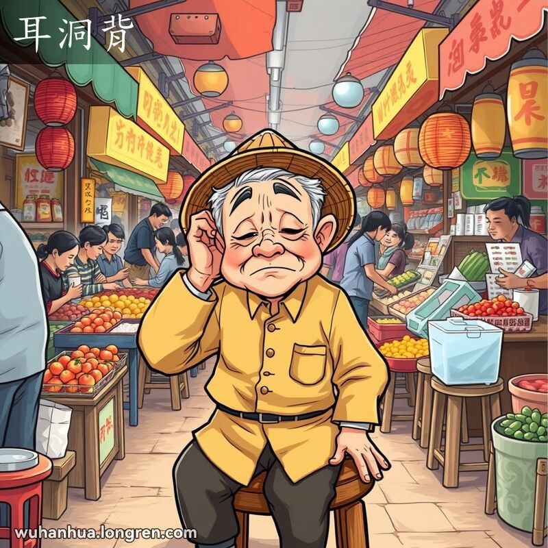 一位武汉老人在喧闹的市场中，手掌拢在耳后，努力听清楚什么，表情显示出听力不佳的困扰。