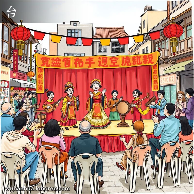 武汉街头市场上的传统戏曲表演，舞台装饰华丽，演员表演热闹，观众微笑鼓掌，背景是武汉街景
