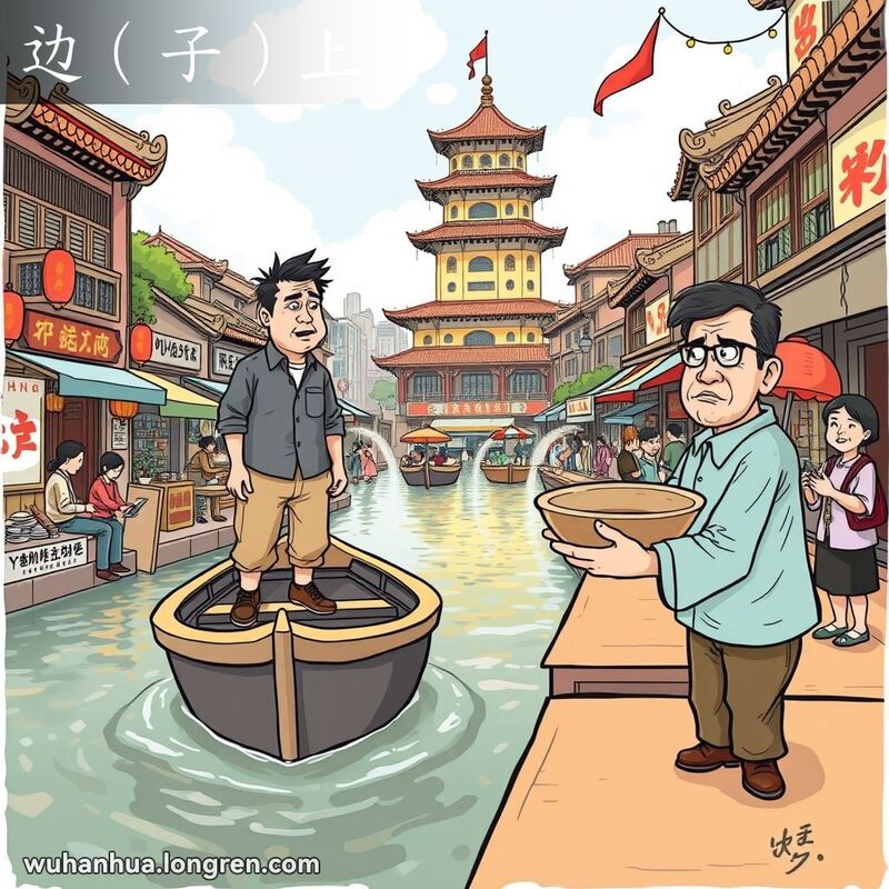 一位武汉男子站在小船边缘，背景是长江和黄鹤楼，另一位市民手持大碗站在桌子边缘，背景是武汉老街景