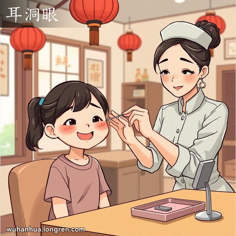 小花在武汉美容院里打耳洞，美容师正专注地为她穿孔，背景是温馨的房间。
