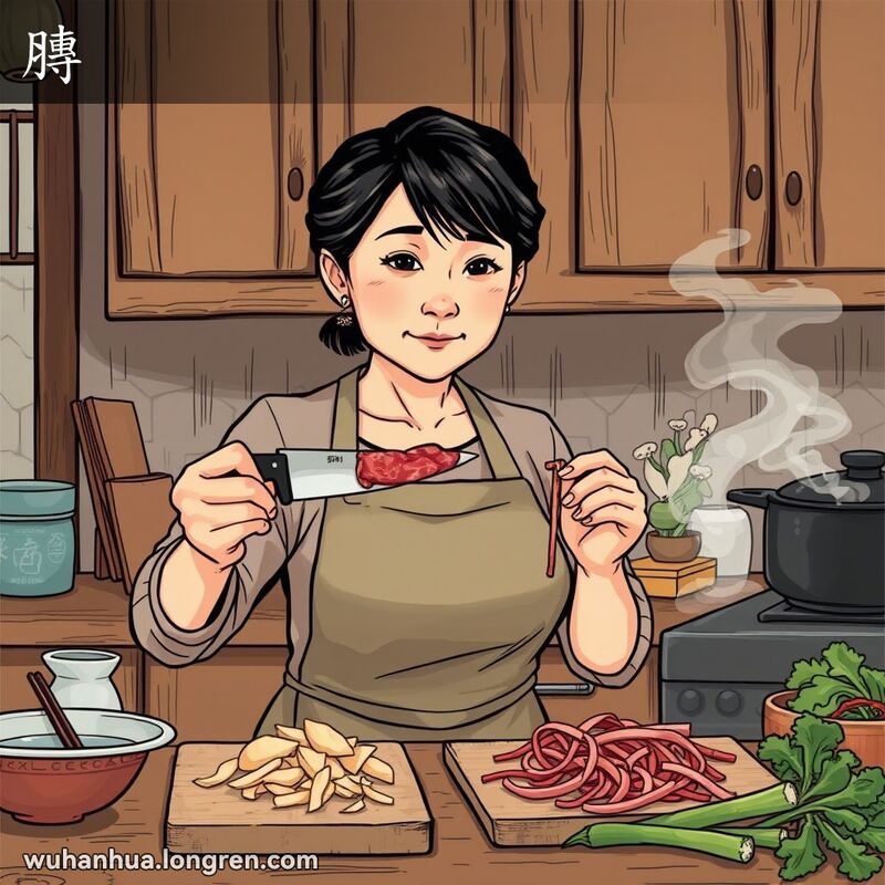 一位中年妇女在传统武汉厨房中，手持厨刀细割肉片，背景有传统厨房用具和新鲜蔬菜