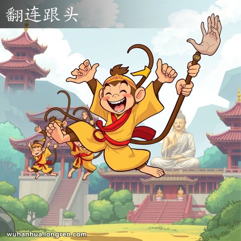 孙悟空在如来佛手上连续翻跟头，背景是佛教寺庙