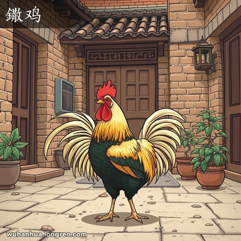 一只去势的公鸡在武汉传统院落中悠闲散步，背景有红砖墙和木门