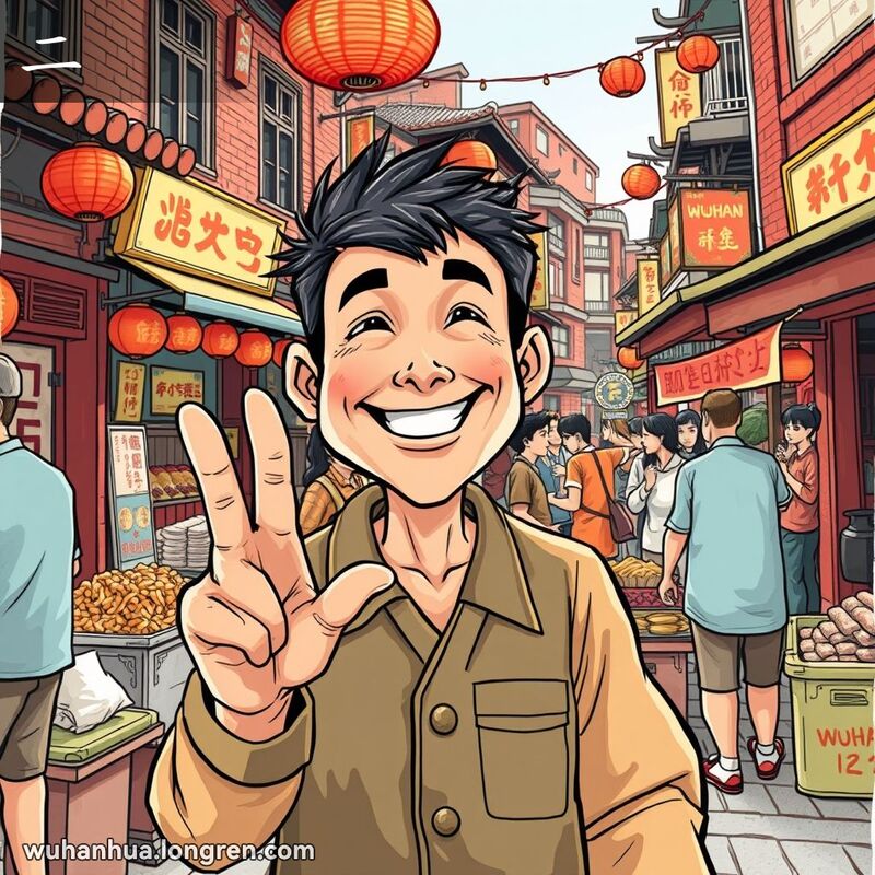 武汉街市小贩数钱，竖起两根手指，背景有热干面和鸭脖子摊位