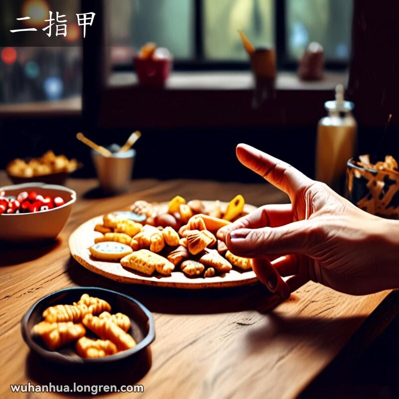 一只手的食指明显突出，背景是武汉小吃和木桌
