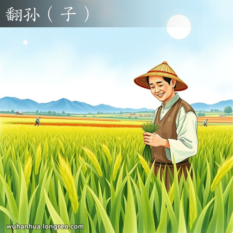 一位武汉农民在稻田中检查新生的稻秧，背景是宁静的乡村风景