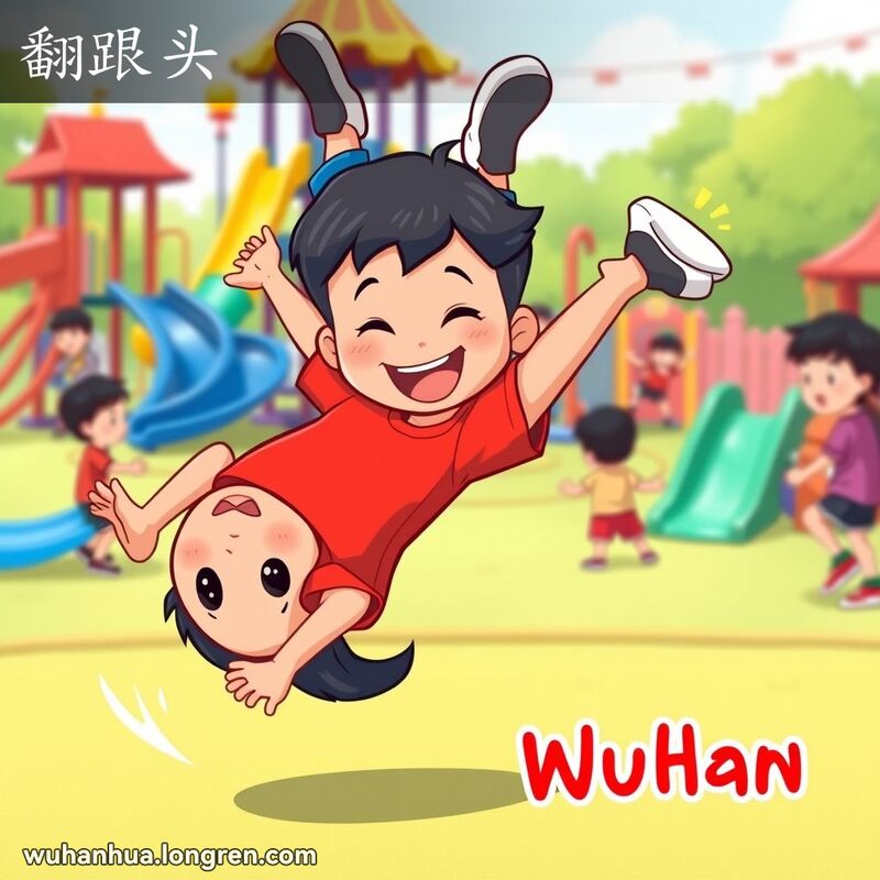 一位武汉孩子在玩具场上翻跟头，背景是热闹的玩具场景