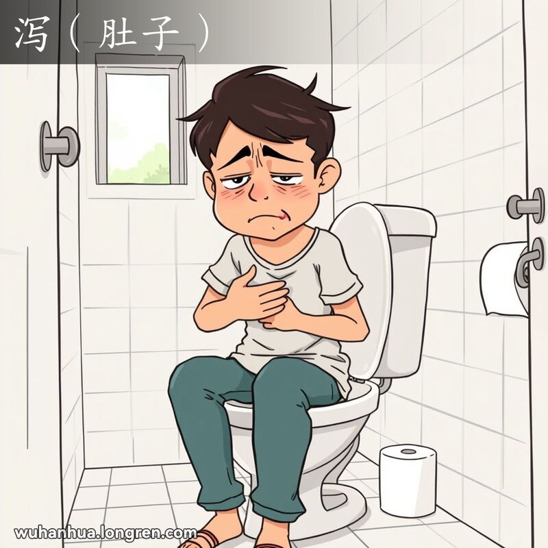 一个人坐在厕所马桶上，表情痛苦，手捂着肚子，背景是简洁干净的卫生间