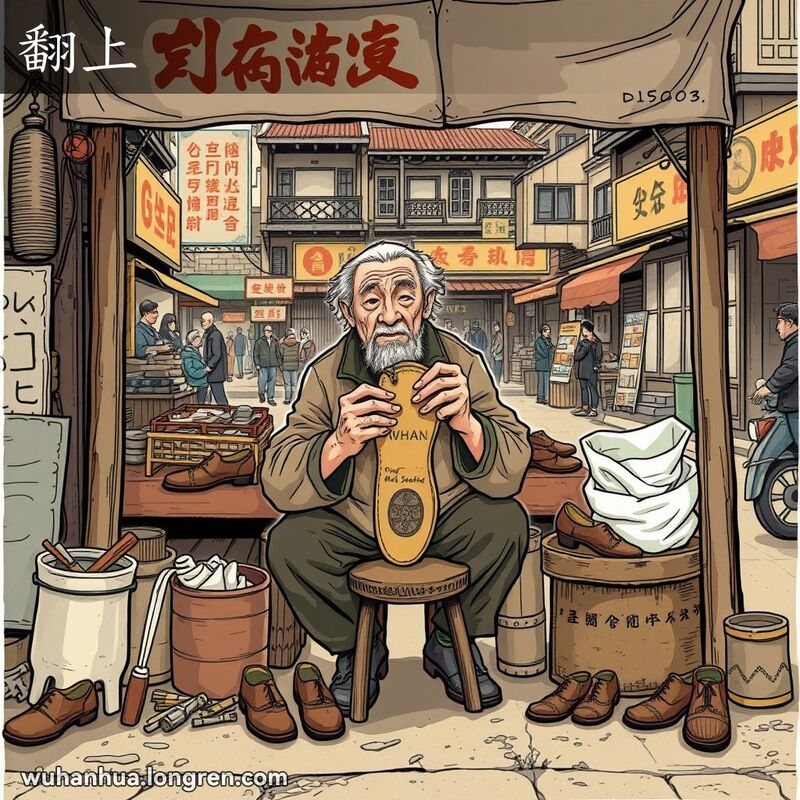 一位老师傅在武汉老街的修鞋摊前，专注地进行“翻上”操作，背景是繁忙的街景