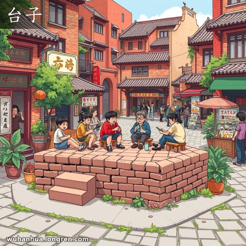 武汉传统街道上的平台，居民在平台上聊天、打牌和享用小吃，周围有绿植和花朵，背景是武汉经典建筑