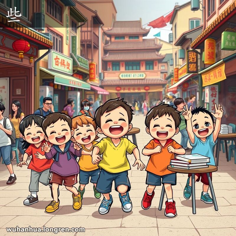 武汉街道上，孩子们在嬉戏打闹，背景有桌子、椅子和书，表现“些伢们蛮吵人”的场景