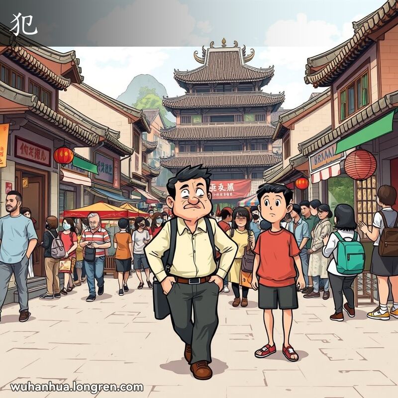 一位武汉市民在街道上匆忙行走，即将撞到另一位站立不动的人，背景是武汉的传统街景