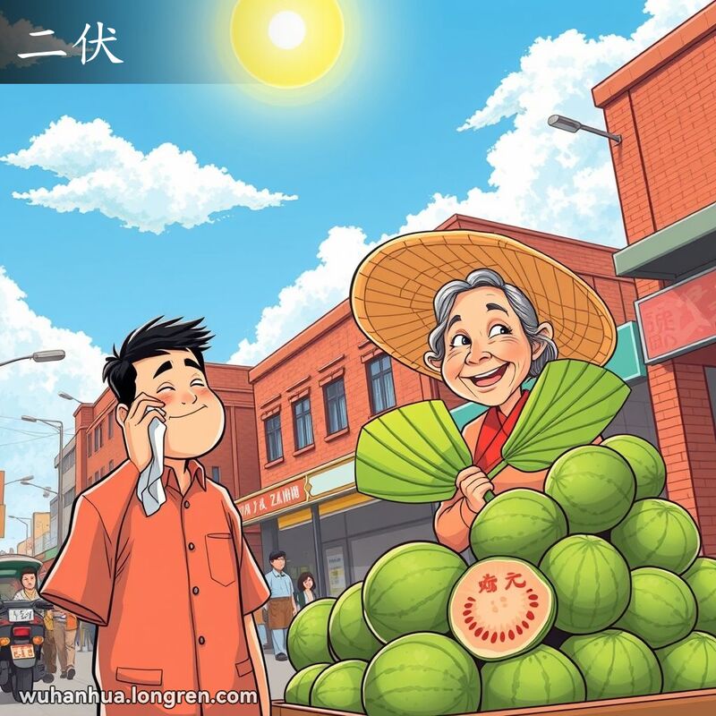 武汉夏季炎热街景，男子擦汗，老妇人卖西瓜，背景是武汉老街景