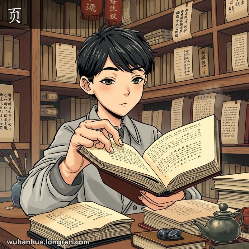 一位学生在武汉传统书店中翻动古书页面，背景有毛笔、砚台和茶壶