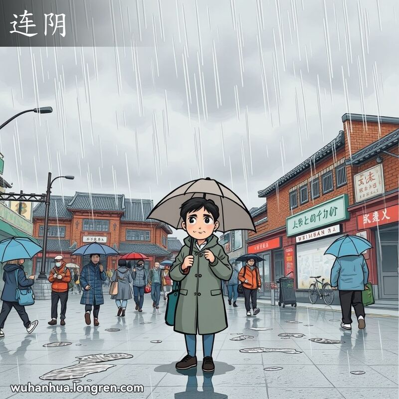武汉市民在连续多日的阴雨天气中，天空阴沉，雨水不断，行人撑伞，地面积水