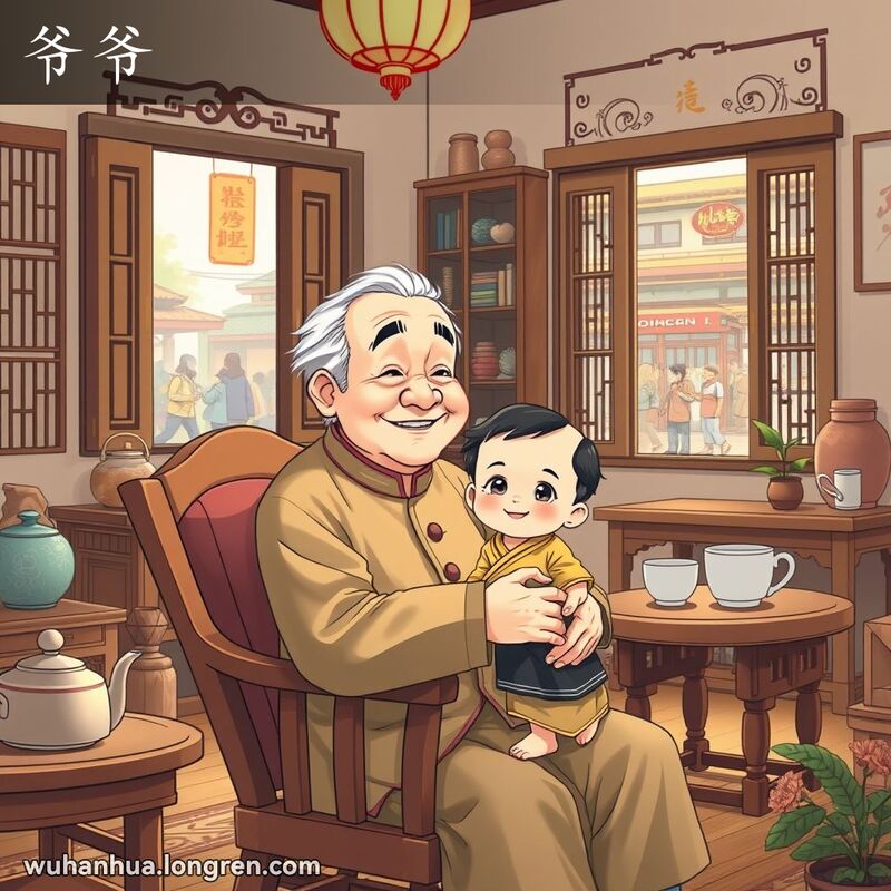 一位和蔼的老爷爷坐在客厅里，怀里抱着小孩，背景是老式家具和武汉街景