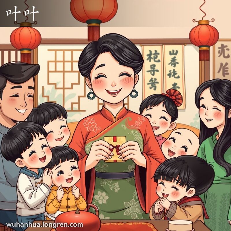 一位中年妇女在传统武汉家庭聚会中，被家人围绕，手拿礼物，象征姑姑的角色，背景有红灯笼和书法卷轴。