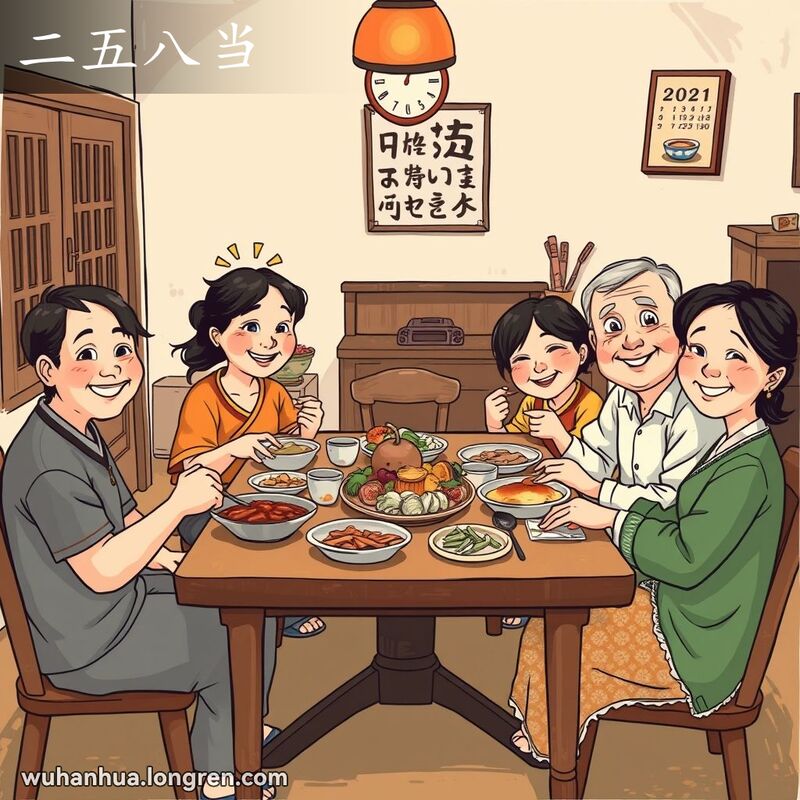 一个武汉家庭围坐在餐桌旁，桌上摆着简单的家常菜，家人们露出满足的表情，背景是温馨的客厅