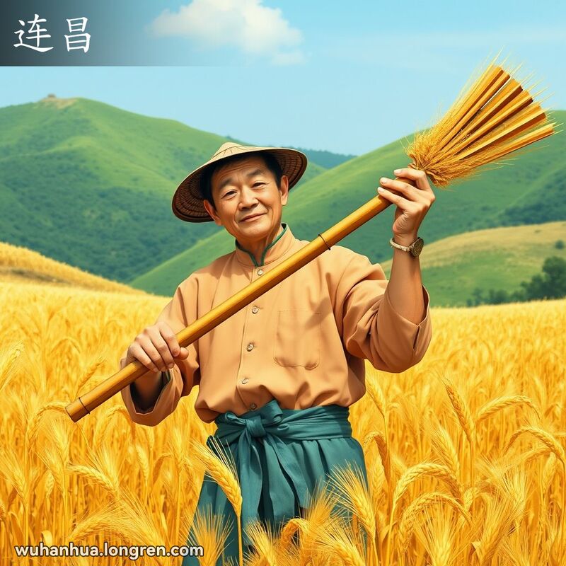 一位武汉农民在田间使用连昌打谷，背景是金黄的麦田和绿色的山丘