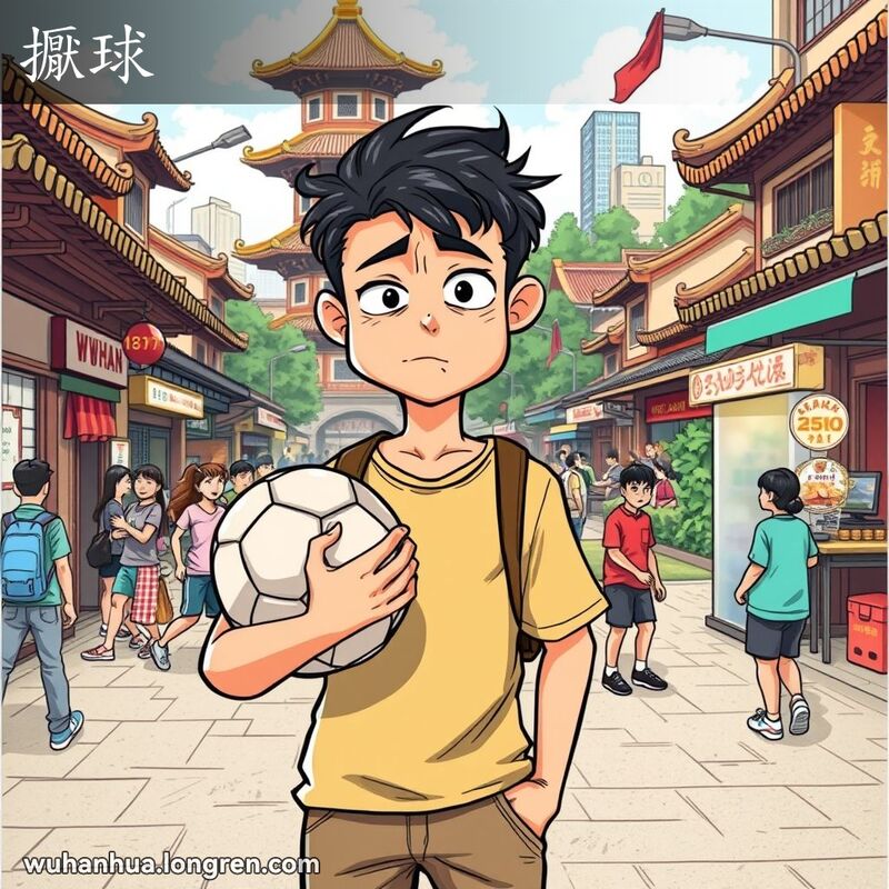 一位年轻人站在武汉街头，手抱足球，露出失望的表情，背景是朋友们在公园踢球的场景