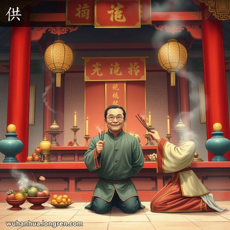 一位男子在寺庙中跪拜，双手捧香，面容肃穆，背景是精美的寺庙建筑，红柱金饰。