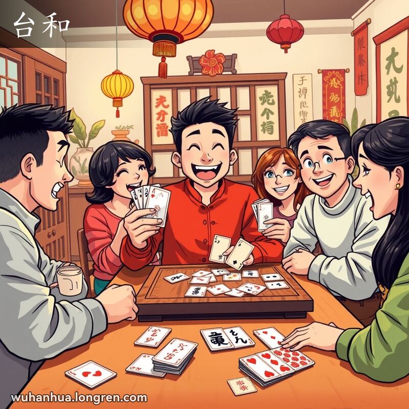 一群朋友在客厅里玩“上大人”纸牌游戏，一位年轻男子手持纸牌，露出胜利的微笑，其他玩家惊讶地看着他。