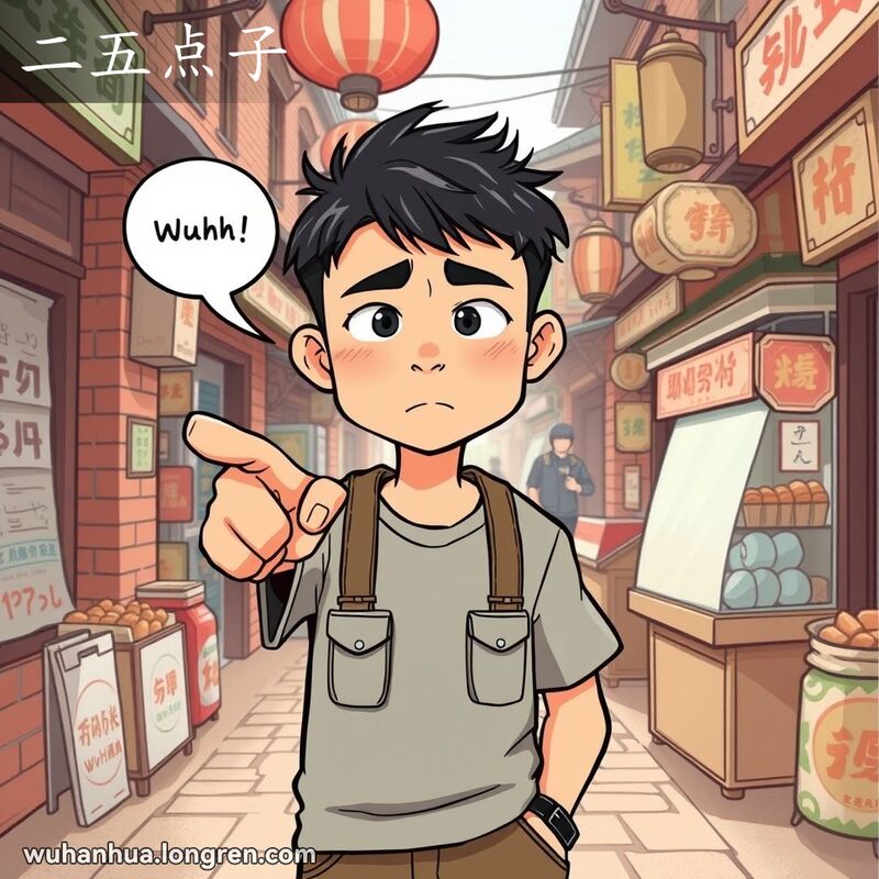 一位武汉市民在街市中指着某人，面露尖刻表情，正在说着“二五点子”的话。